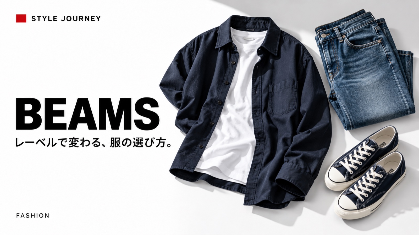 BEAMSの見出しとカジュアルなシャツ・デニム・スニーカーの生成イメージ