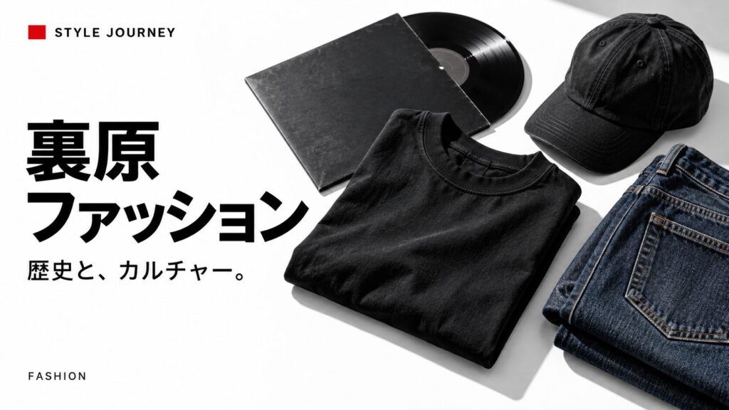裏原ファッションの見出しと、黒いTシャツ・キャップ・デニム・レコードの生成イメージ