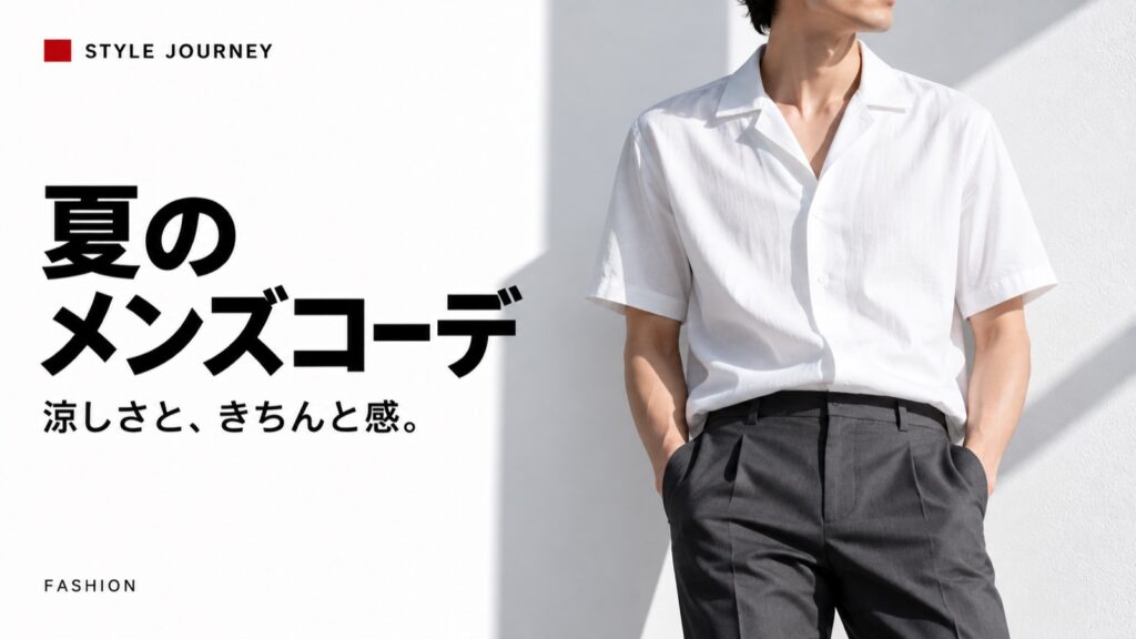夏のメンズコーデの見出しと白い半袖シャツとグレーのパンツの生成イメージ
