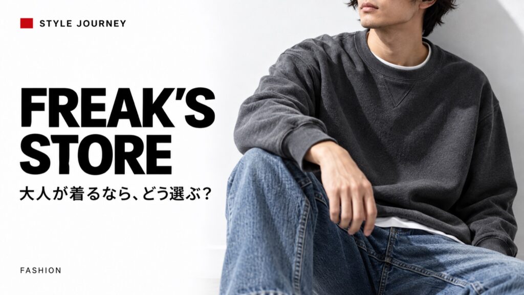 FREAK’S STOREの見出しとスウェットとデニムの着こなしの生成イメージ