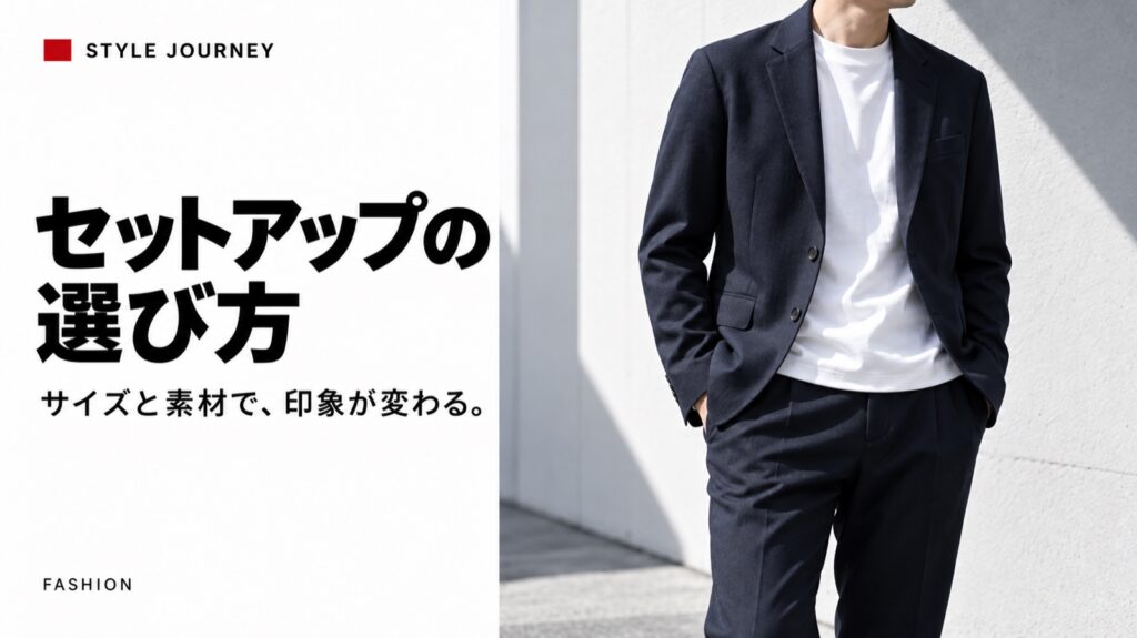 セットアップの選び方の見出しと紺色のセットアップの着こなしの生成イメージ
