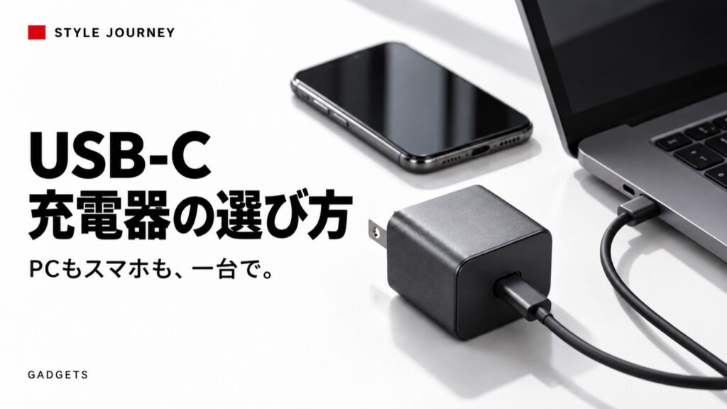 USB-C充電器の選び方の見出しと充電器・ノートPCの生成イメージ