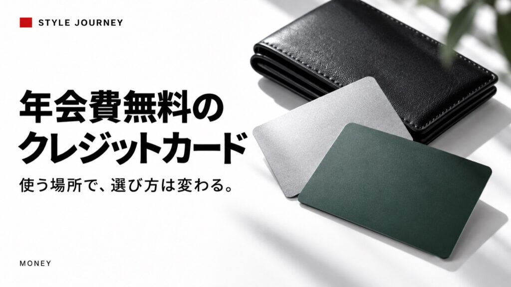 年会費無料のクレジットカードの見出しと無地のカードと黒い財布の生成イメージ