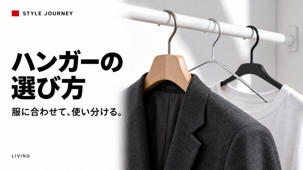 ハンガーの選び方の見出しと木製・金属製のハンガーとジャケット、Tシャツの生成イメージ