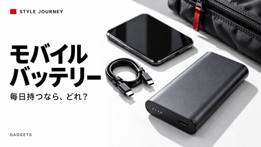 モバイルバッテリー「毎日持つなら、どれ？」の見出しとバッテリー・スマートフォンのイメージ