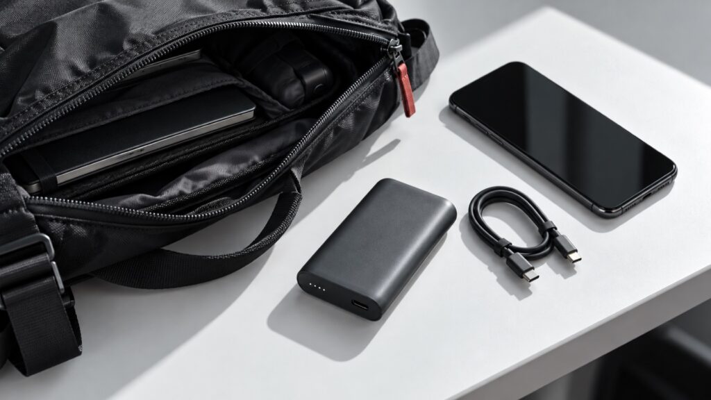 通勤用バッグとスマートフォン、モバイルバッテリー、USB-Cケーブルのイメージ