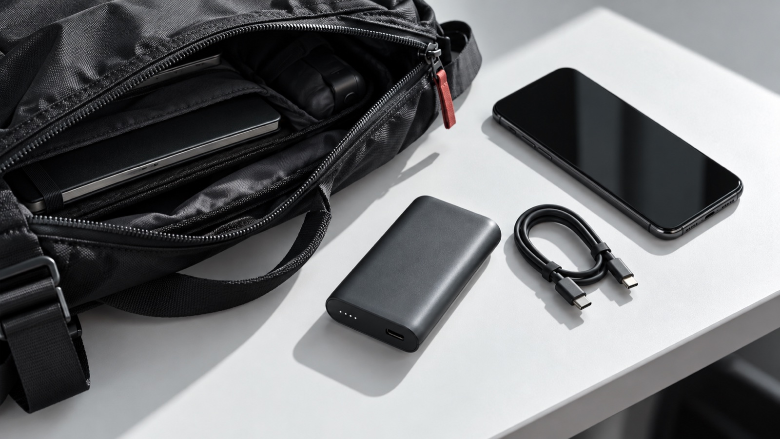 通勤用バッグとスマートフォン、モバイルバッテリー、USB-Cケーブルのイメージ