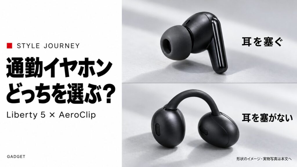 通勤イヤホンの比較。耳を塞ぐカナル型と耳を塞がないイヤーカフ型の形状を示す生成イメージ