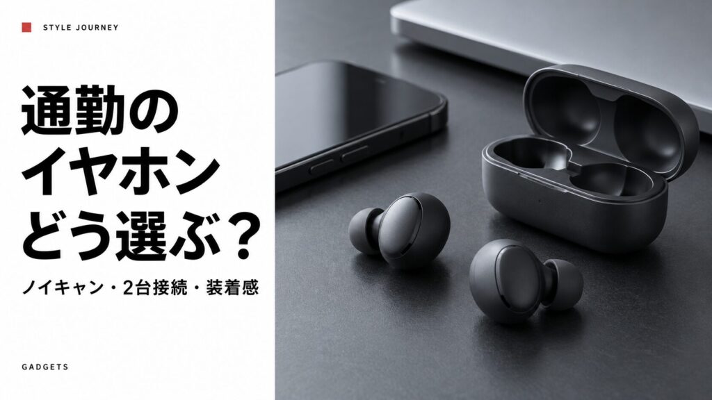 通勤のイヤホンどう選ぶ？ ノイキャン・2台接続・装着感。無銘のイヤホンとケースを配置したイメージ