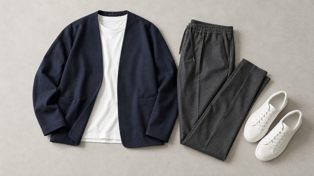 ネイビーのノーカラージャケット、白Tシャツ、グレーのパンツ、白スニーカーを並べたセットアップの着こなしイメージ