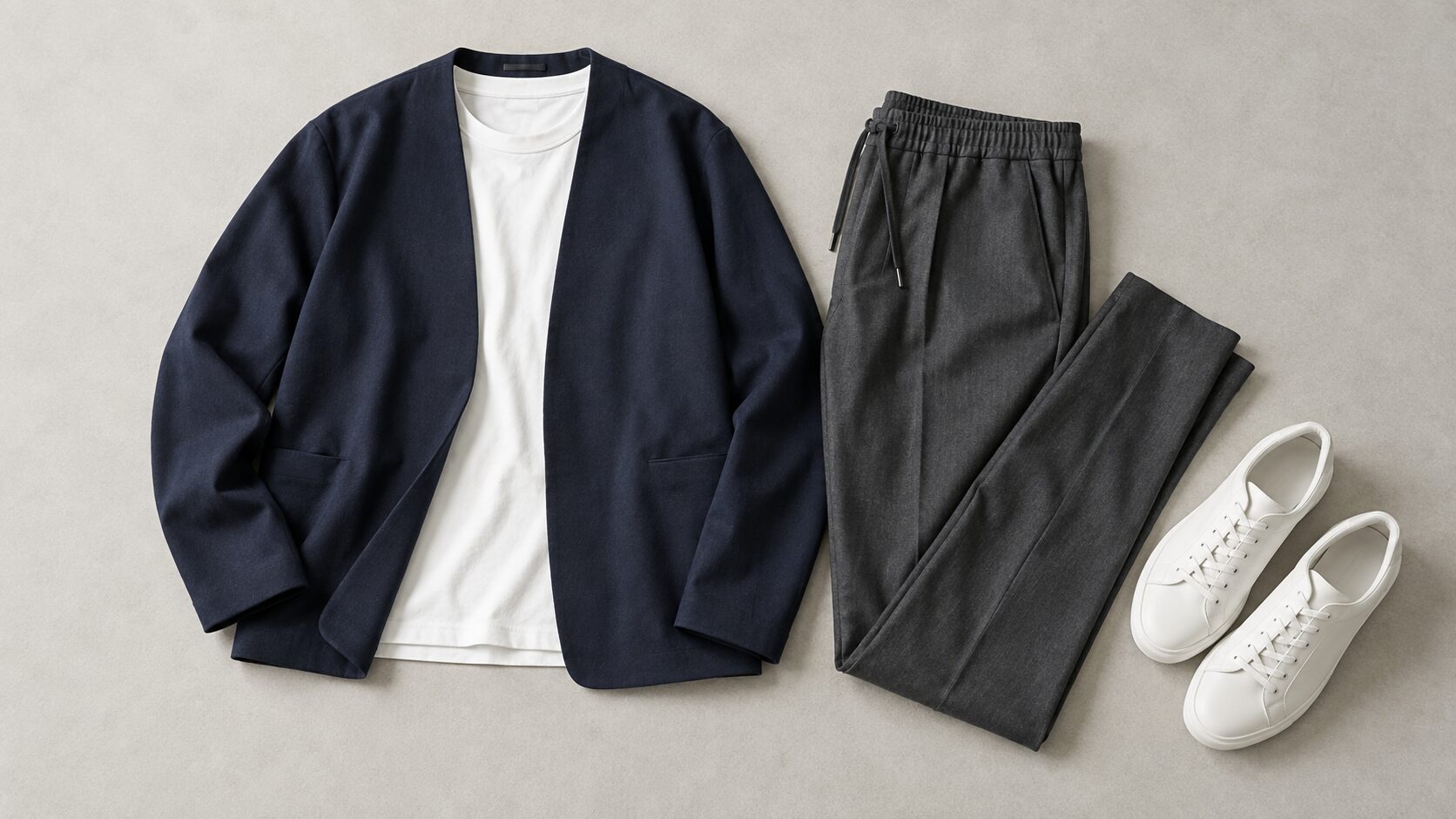 ネイビーのノーカラージャケット、白Tシャツ、グレーのパンツ、白スニーカーを並べたセットアップの着こなしイメージ