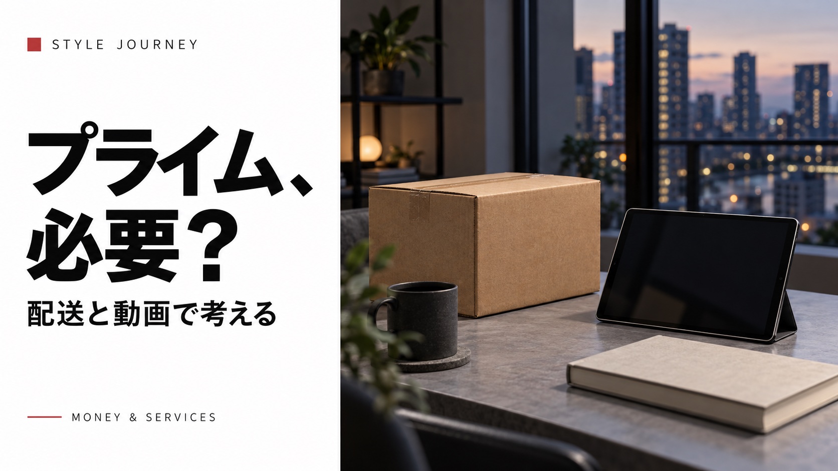 「プライム、必要？」の見出しと、配送箱・タブレット・本を置いた暮らしの生成イメージ