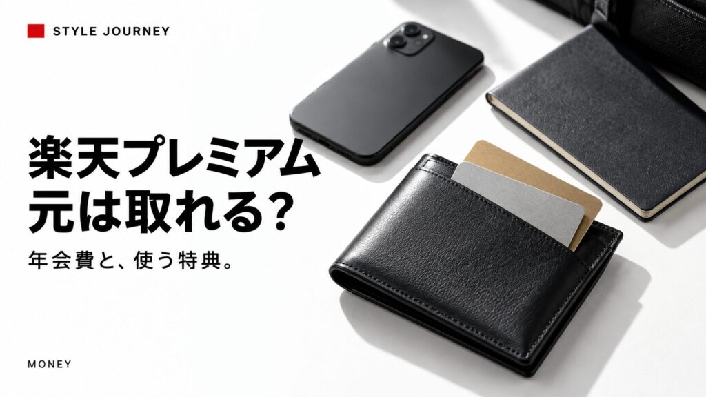 楽天プレミアム「元は取れる？」の見出しと、黒い財布・無地カードの生成イメージ