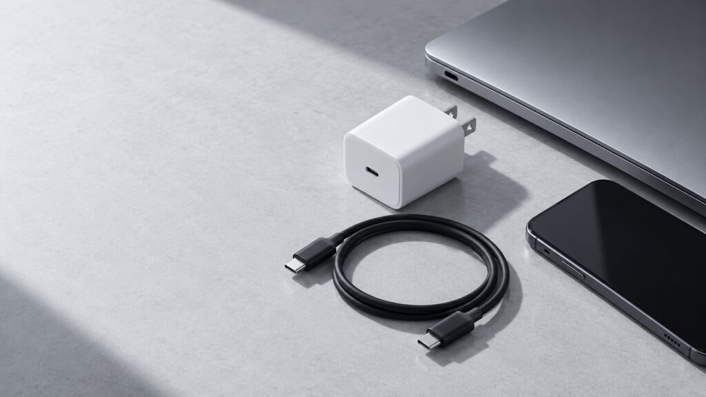 USB-C充電器、ケーブル、ノートPC、スマートフォンを並べたイメージ画像